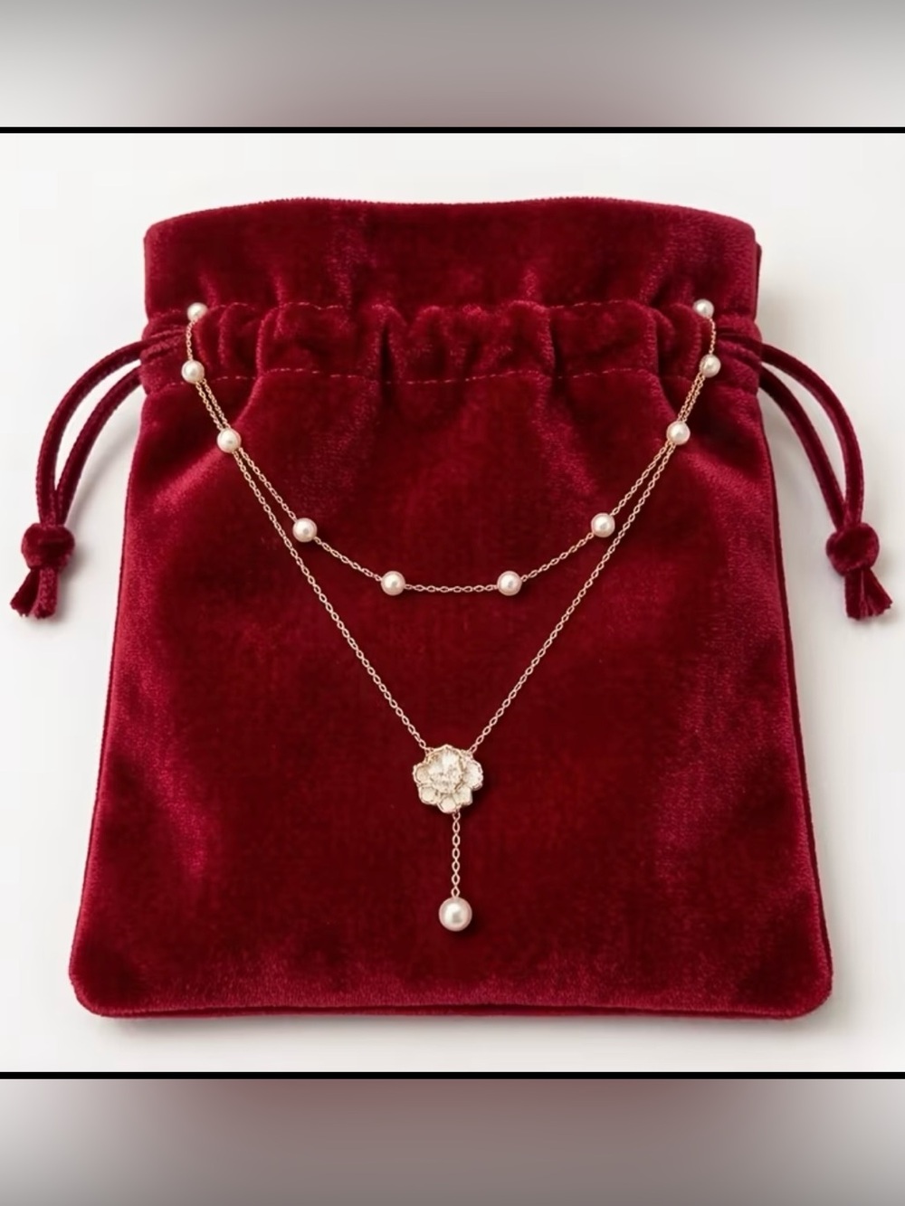 Gold Layered Flower Lariat Necklace with Pearl Drop - Picture 3 of 3